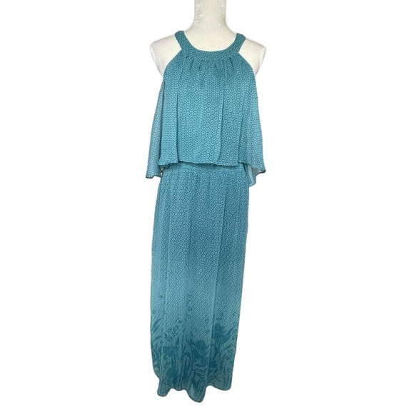 Soft Surroundings Chiffon Teal Maxi Dress Women’s Size M Floral Geo Printed Line - Picture 2 of 10